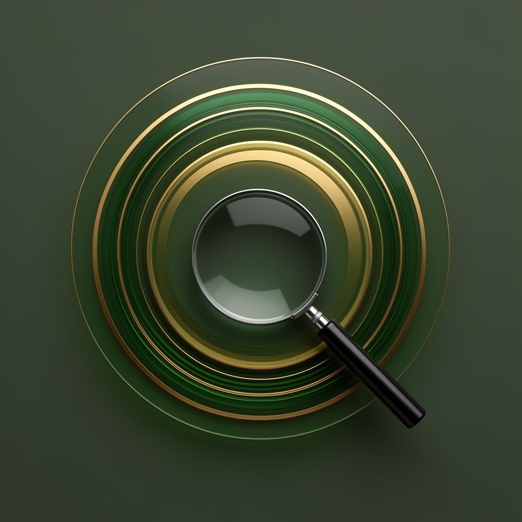 Magnifying glass over concentric green and gold rings symbolizing verification of reputation firms
